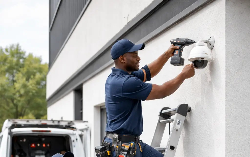 CCTV installer mounting a security camera on a wall
