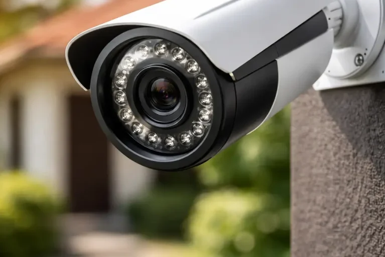 Outdoor CCTV camera installed on wall for home security
