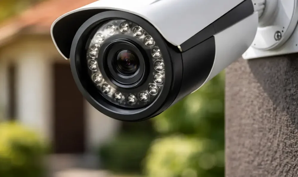 Outdoor CCTV camera installed on wall for home security